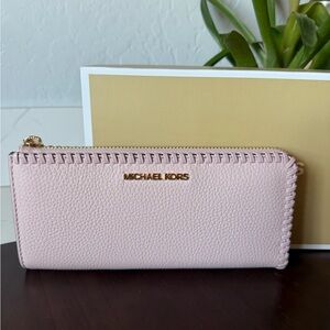 Michael Kors Pale Pink Zip Around Leather Wallet with Gold Logo
